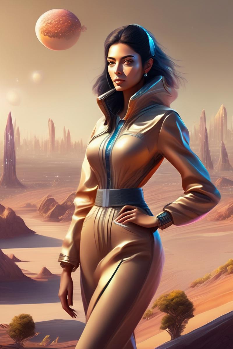 05792-565469525-woman in an alien planet with serene nature and human city digital painting, Rafael Sanzio, birds, very well dressed, tan skin,.jpg